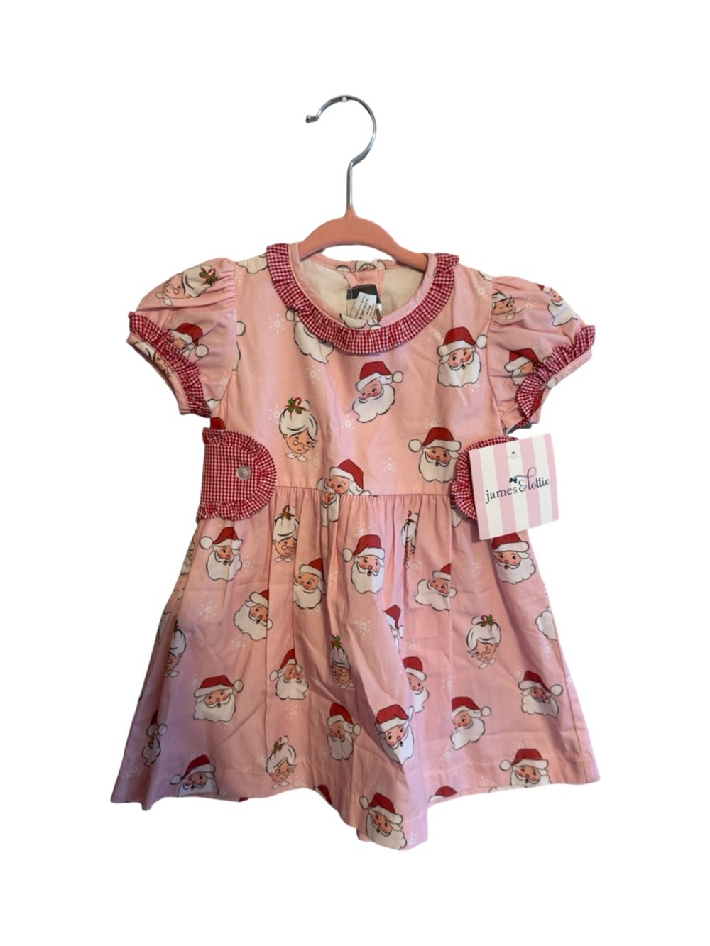 James and Lottie Pink Santa Dress Girls Size 24M Christmas Puff Sleeve Dress NWT